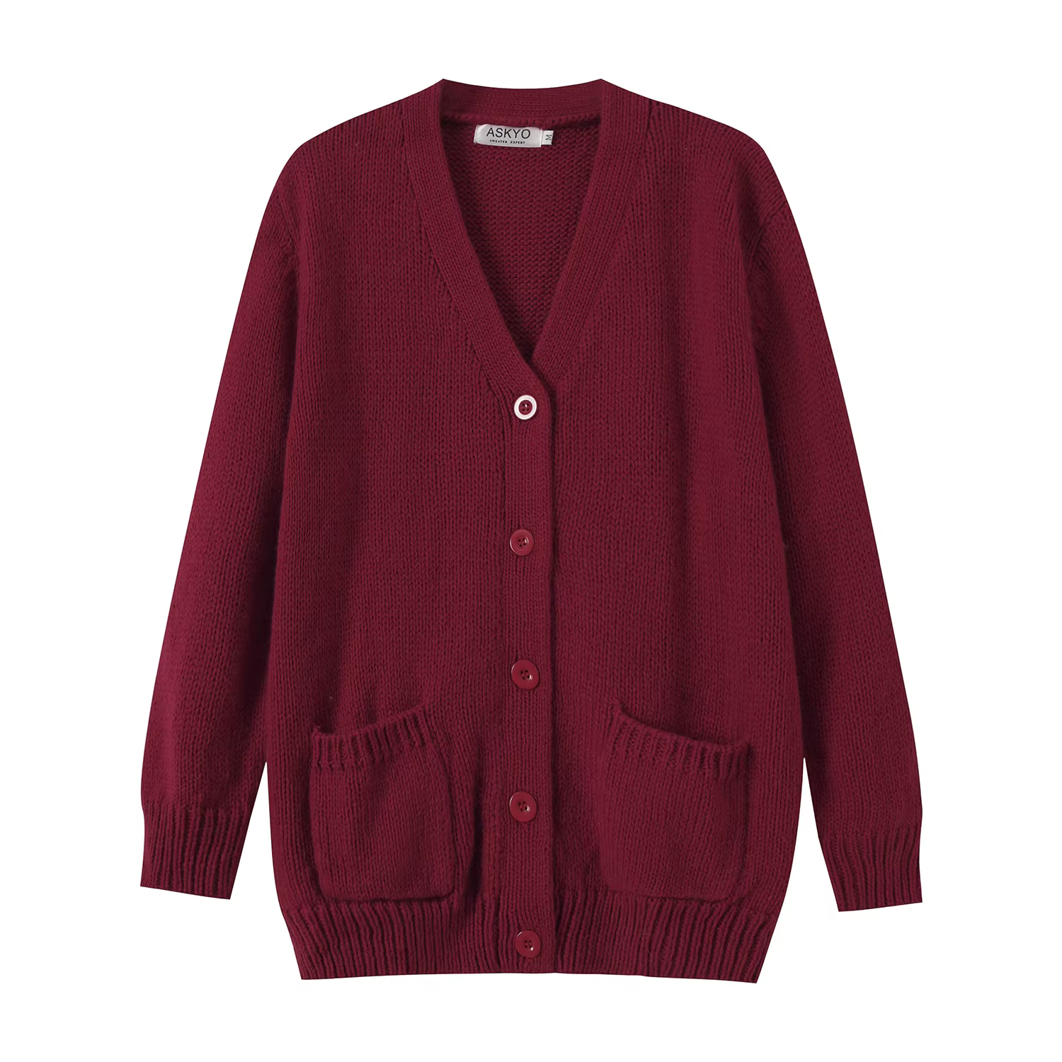 Pull automne et hiver élégant bordeaux col en v à manches longues poche simple boutonnage laine tric