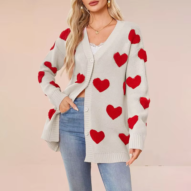 Cardigan tricoté en forme de cœur, nouveau Design, avec col en v et fermeture à boutons, manteau mi-