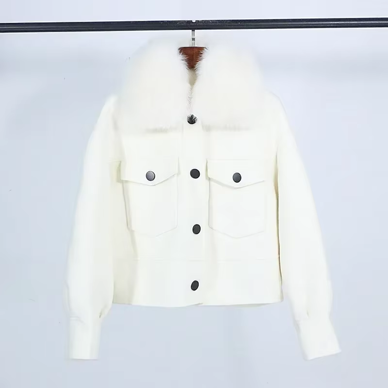 Manteau court décontracté pour femme avec col en fourrure de renard, 2024 cachemire, 10% laine, doub