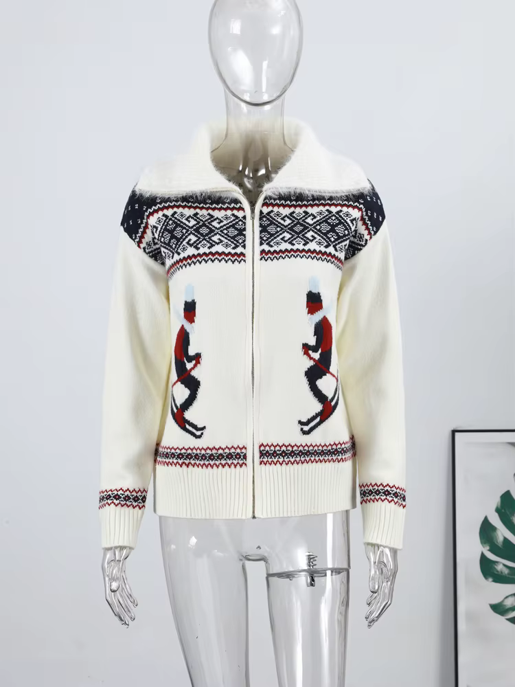 Cardigan en tricot jacquard à revers pour femme, col rabattu sportif, manches longues, tricot ample