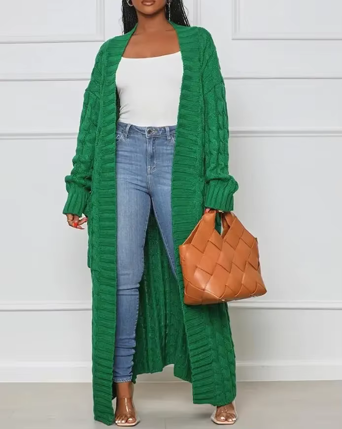 Cardigan en tricot torsadé à manches longues pour femmes, conception de poche, ouvert devant, uni, d