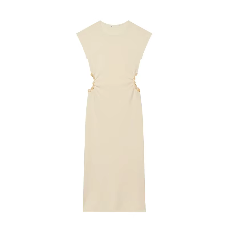 Robe en maille à manches courtes pour femme - Robe midi à col rond avec découpes à la taille et perl