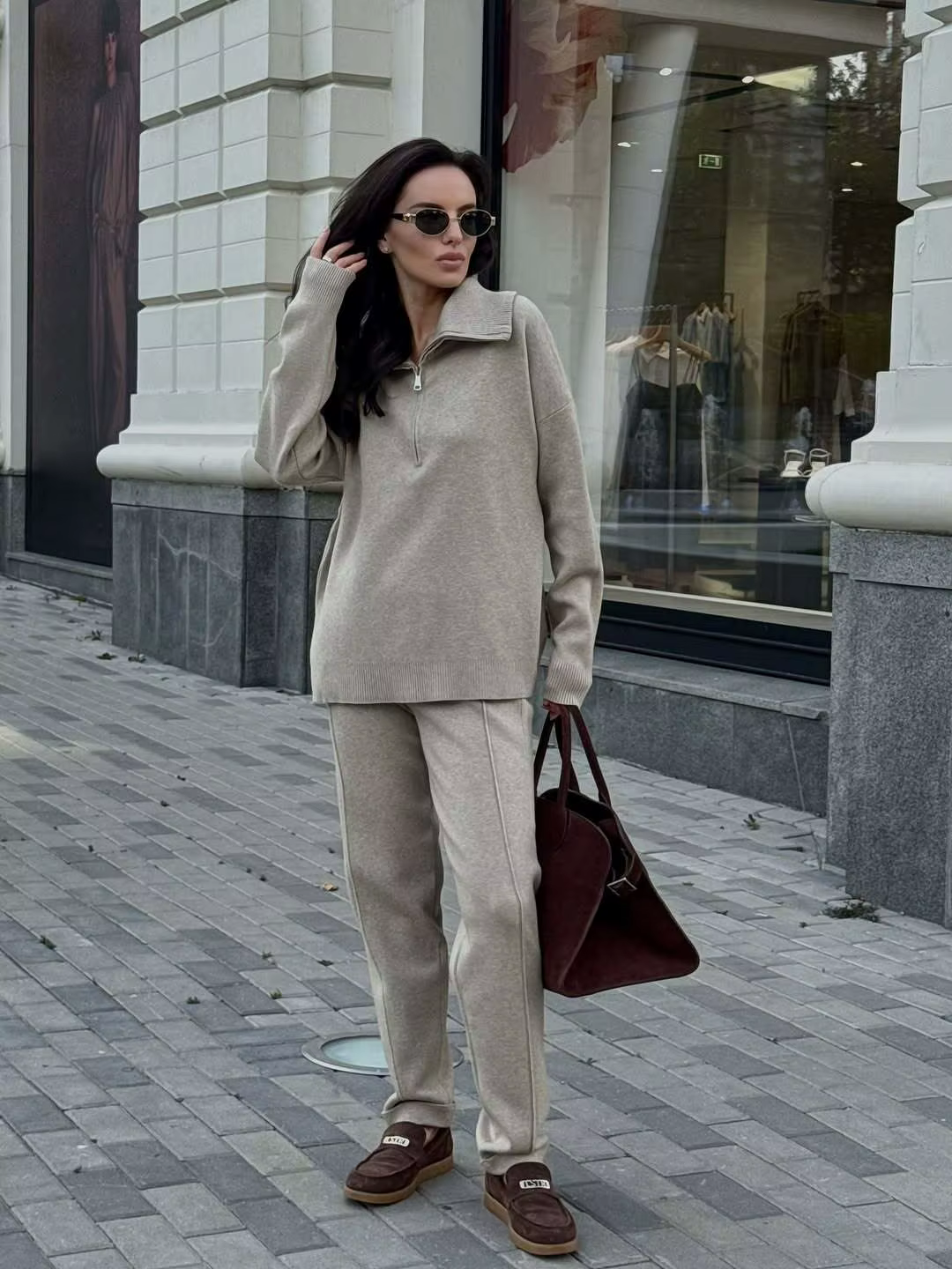 Pull à capuche et col demi-fermeture éclair pour femme, ensemble tricoté, ample et décontracté, nouv