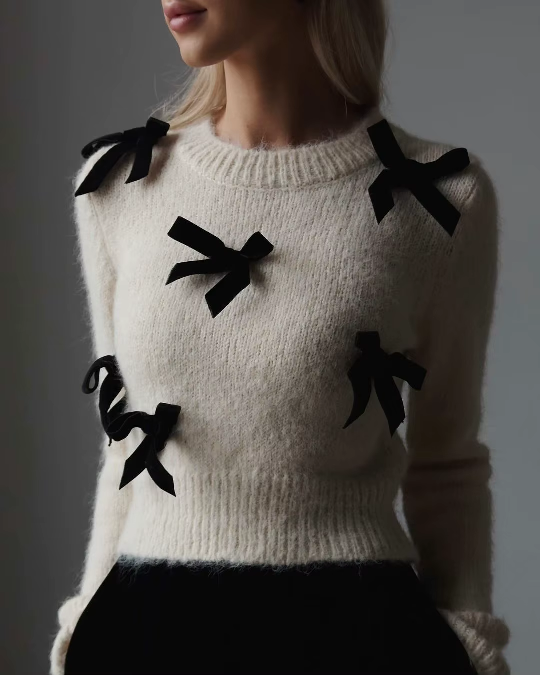 Pull à manches longues avec nœud pour femme, haut tricoté en peluche de couleur unie, nouvelle colle