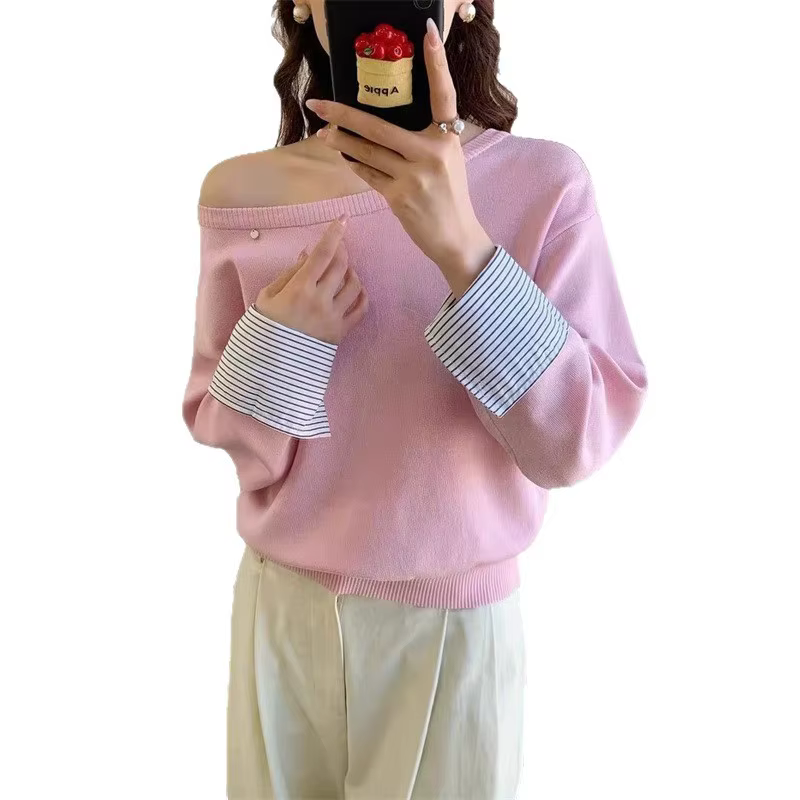 Pull en tricot épissé avec poignets rayés et épaules inclinées pour femmes, nouvel article d'automne