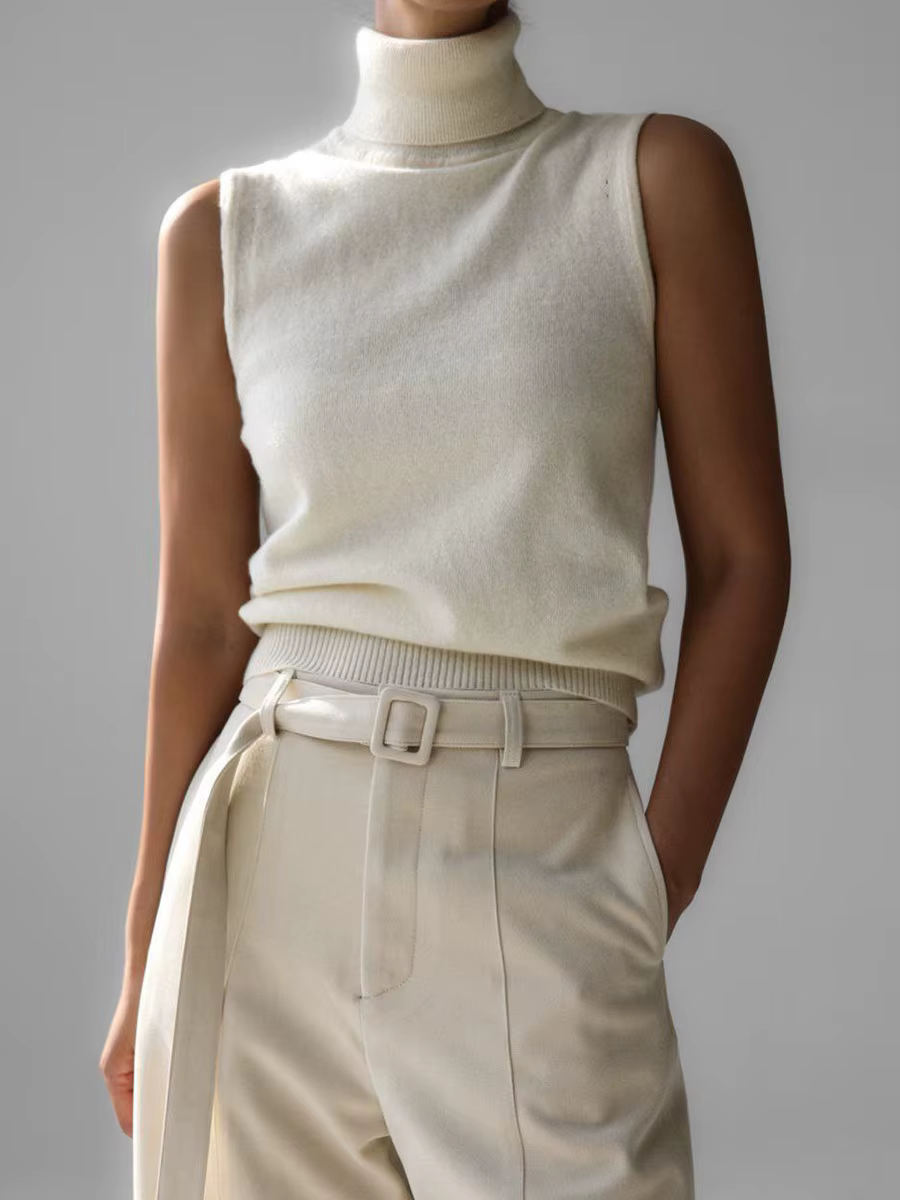Pull tricoté sans manches à col roulé blanc pour femmes, élégant, hauts chauds, gilets, pulls verts,