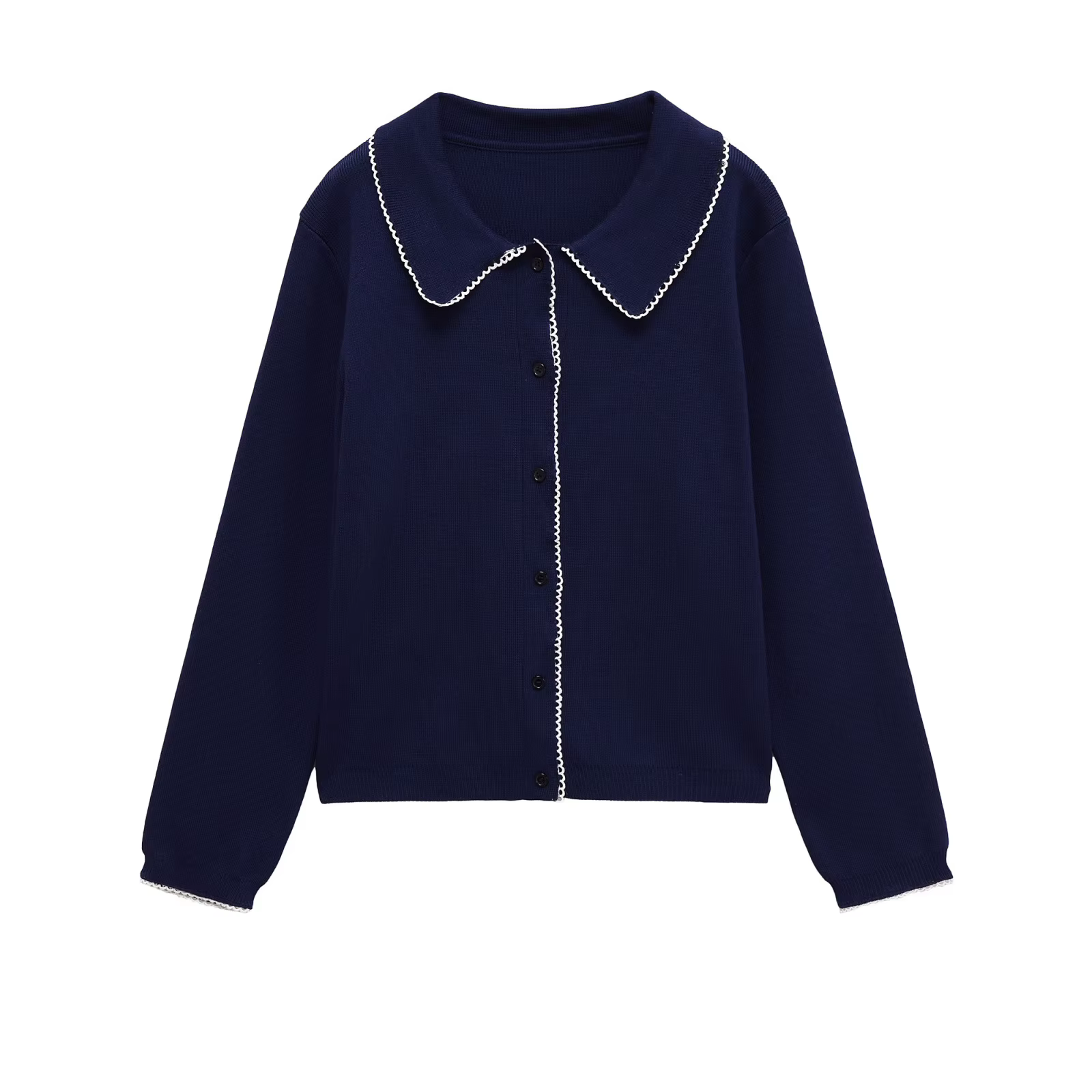 Cardigan tricoté bleu marine contrasté pour femme, col à revers, simple boutonnage, pull à manches l
