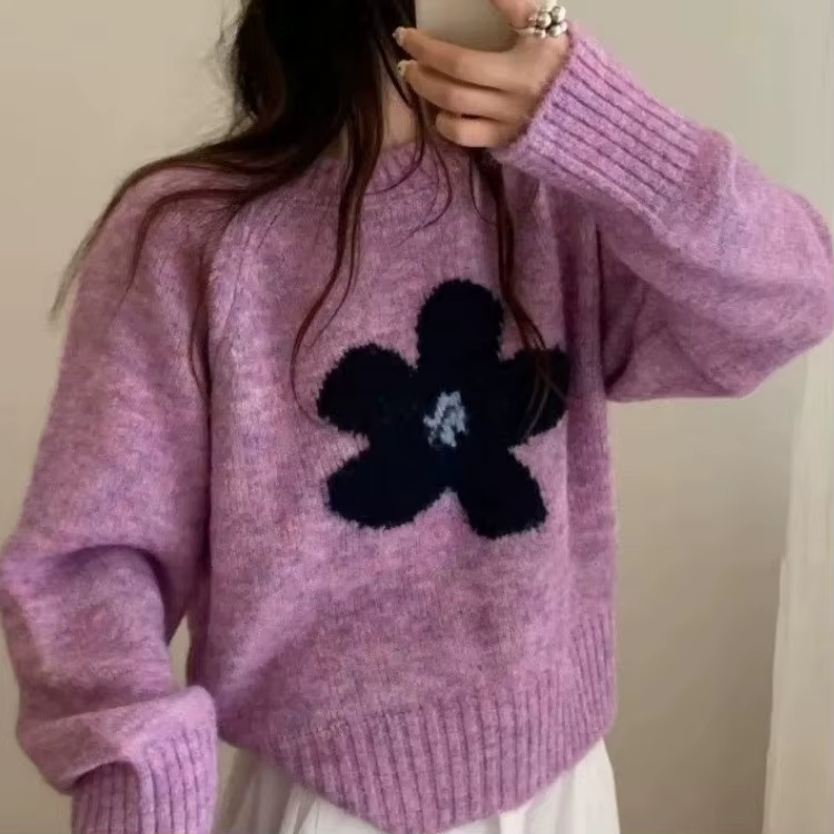 Nouveau Floral Jacquard Vintage pulls pour femmes automne hiver vêtements col rond Pull décontracté