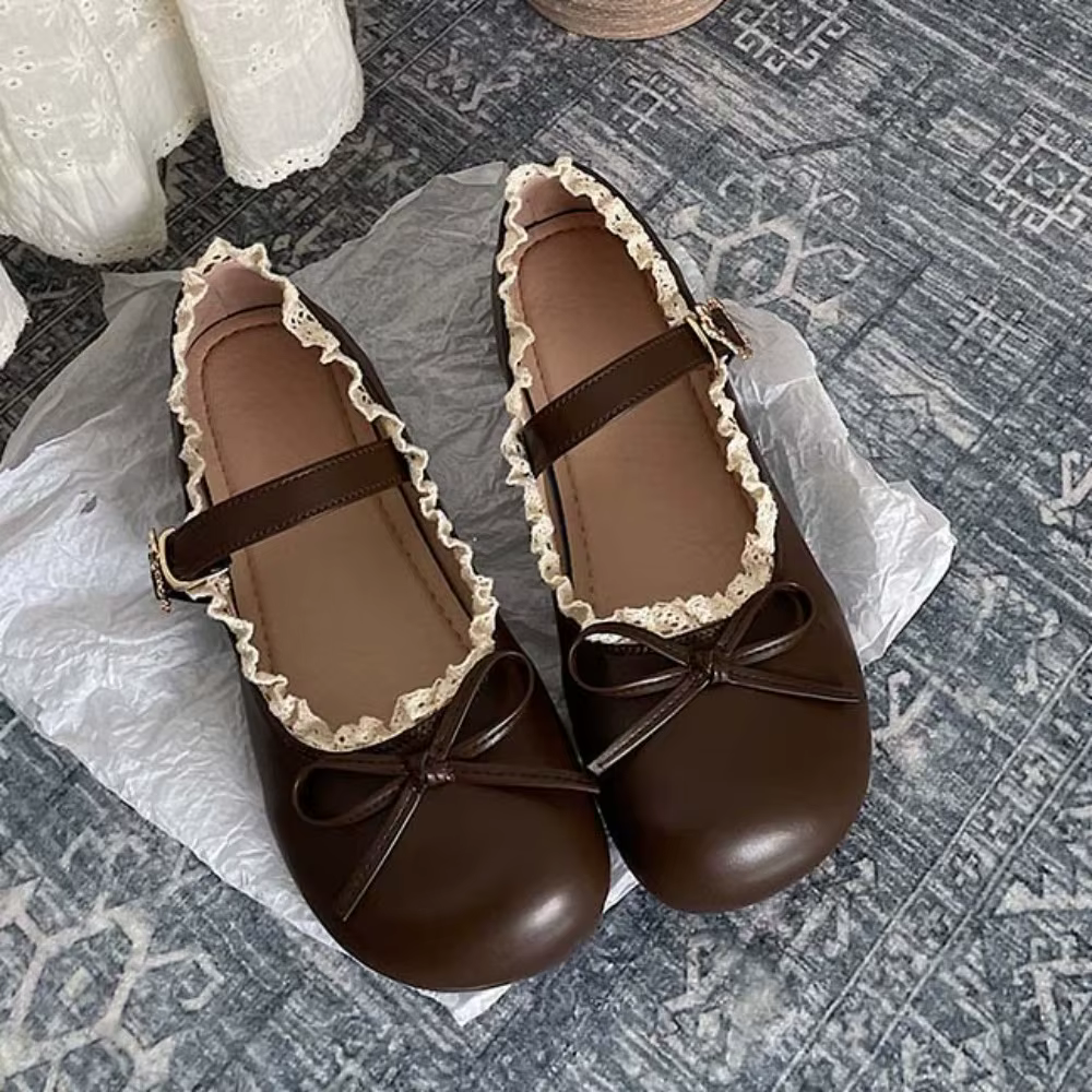 Lolita PU cuir JK chaussures plates nœud doux sans lacet mocassins semelle souple dentelle à volants