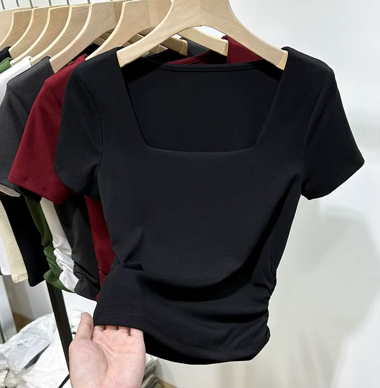 T-shirt à manches courtes et col carré pour femmes, nouveau haut d'été Slim Chic à belle taille