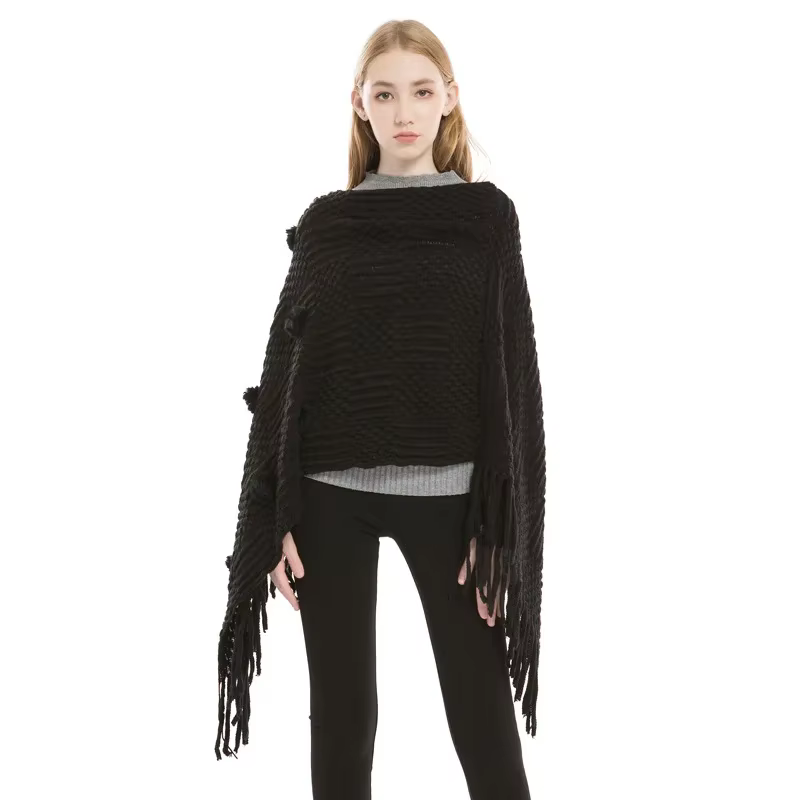 Pull à pompon pour femme, tricots adt, manches chauve-souris, châle de rue, cape poncho, col en V, p