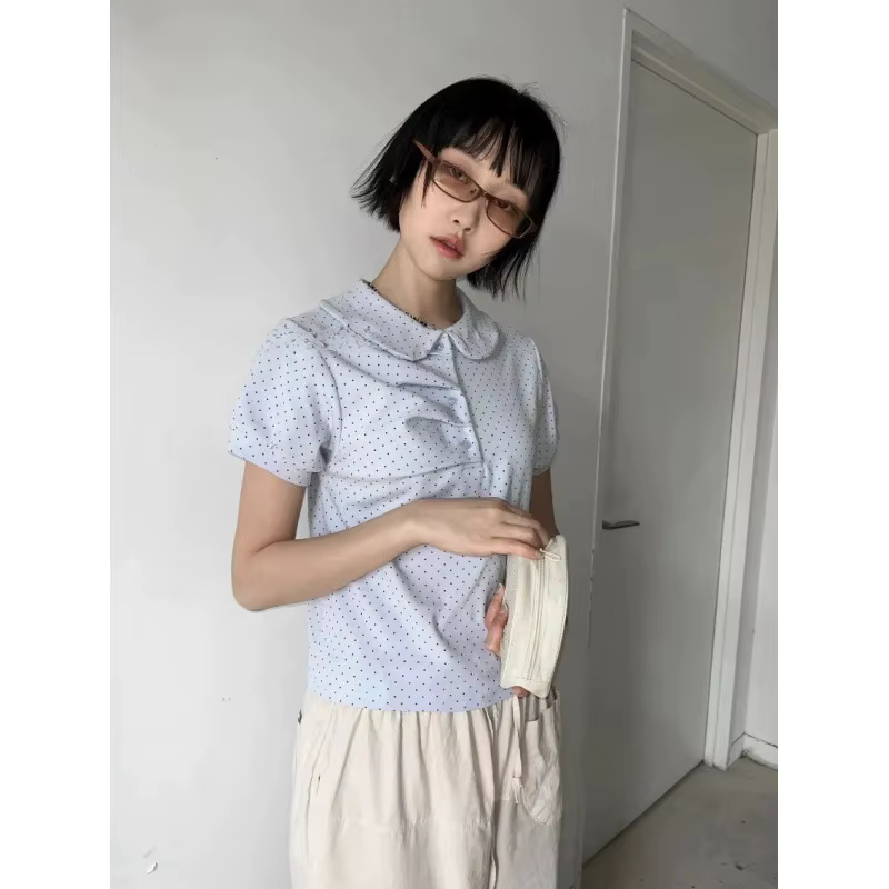 Chemise décontractée à pois plissée à col Claudine et manches courtes pour femme – Style coréen poly