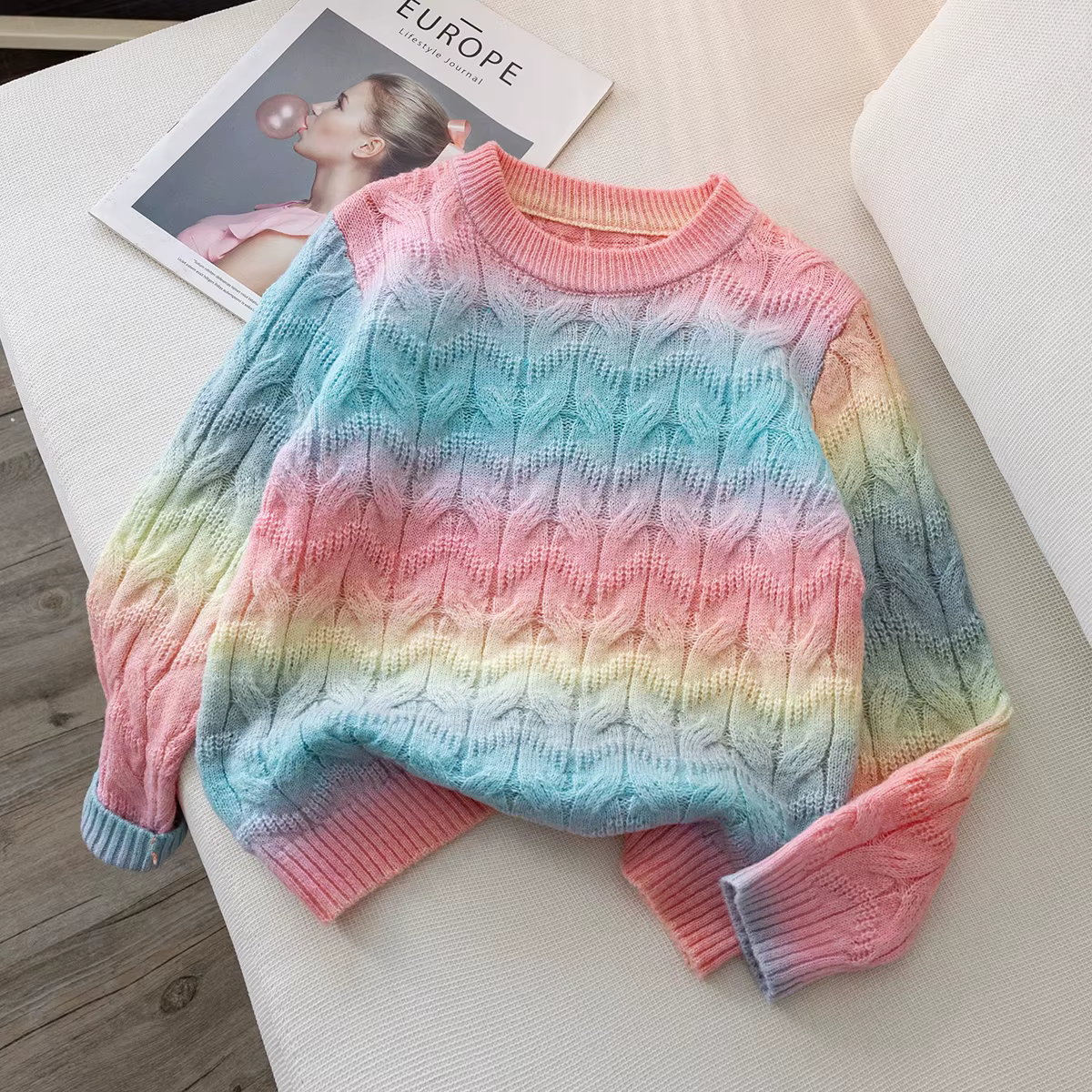 Pull tricoté de style mignon pour fille, couleur changeante progressivement, adapté aux vacances quo