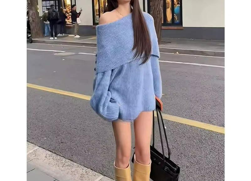 Pull à épaules un mot pour femme, pull tricoté à manches longues, tempérament bleu, ample et fin, ha