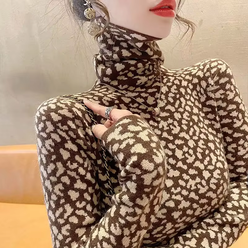 Pull à col haut imprimé léopard pour femmes, automne hiver, coupe cintrée, tempérament élégant, haut