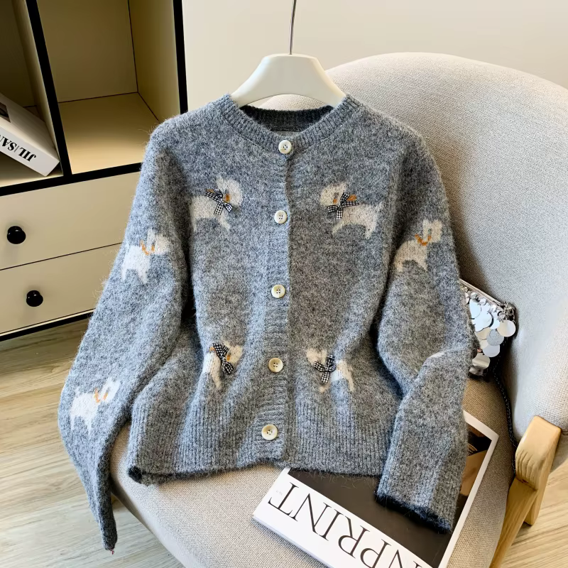 Cardigan ouvert décontracté pour femme, beige et gris, motif dessin animé, style Y2K, mode urbaine a