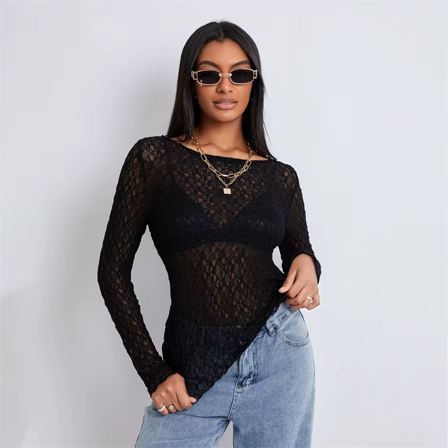 Puloru-Pull transparent en dentelle transparente pour femme, manches longues, col rond, coupe couver