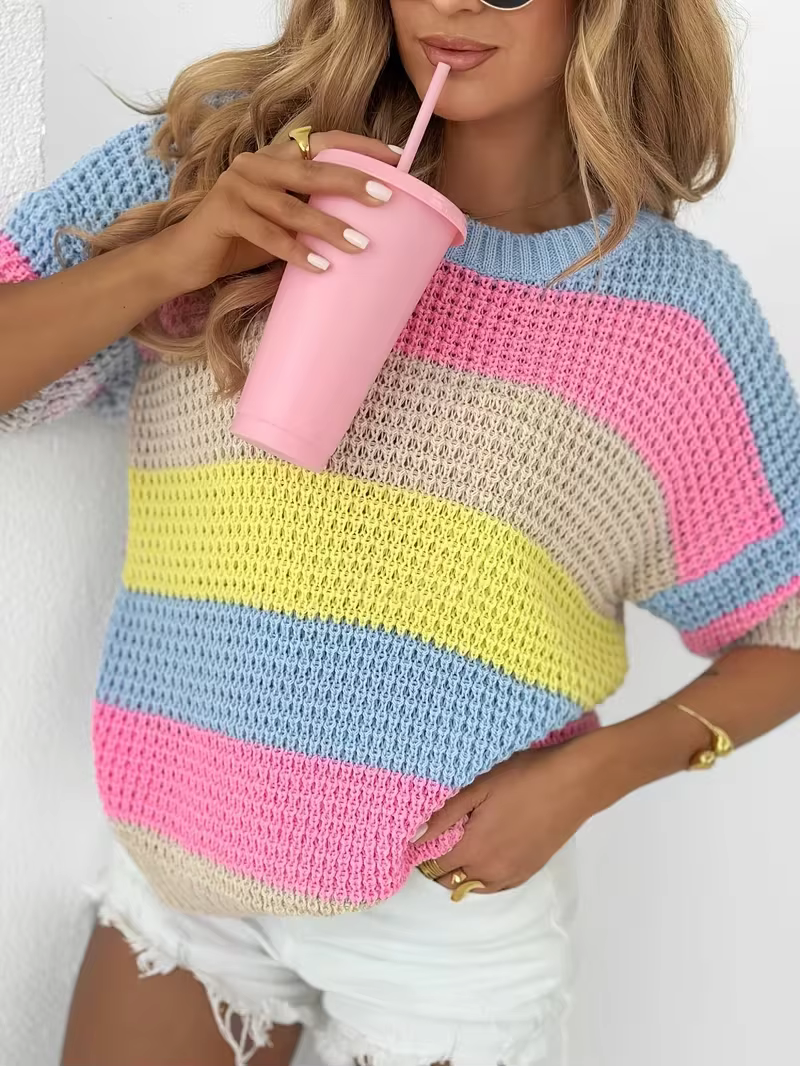 Pull tricoté à manches courtes rayé bleu et rose, col rond ample, style décontracté pour l'été, pour