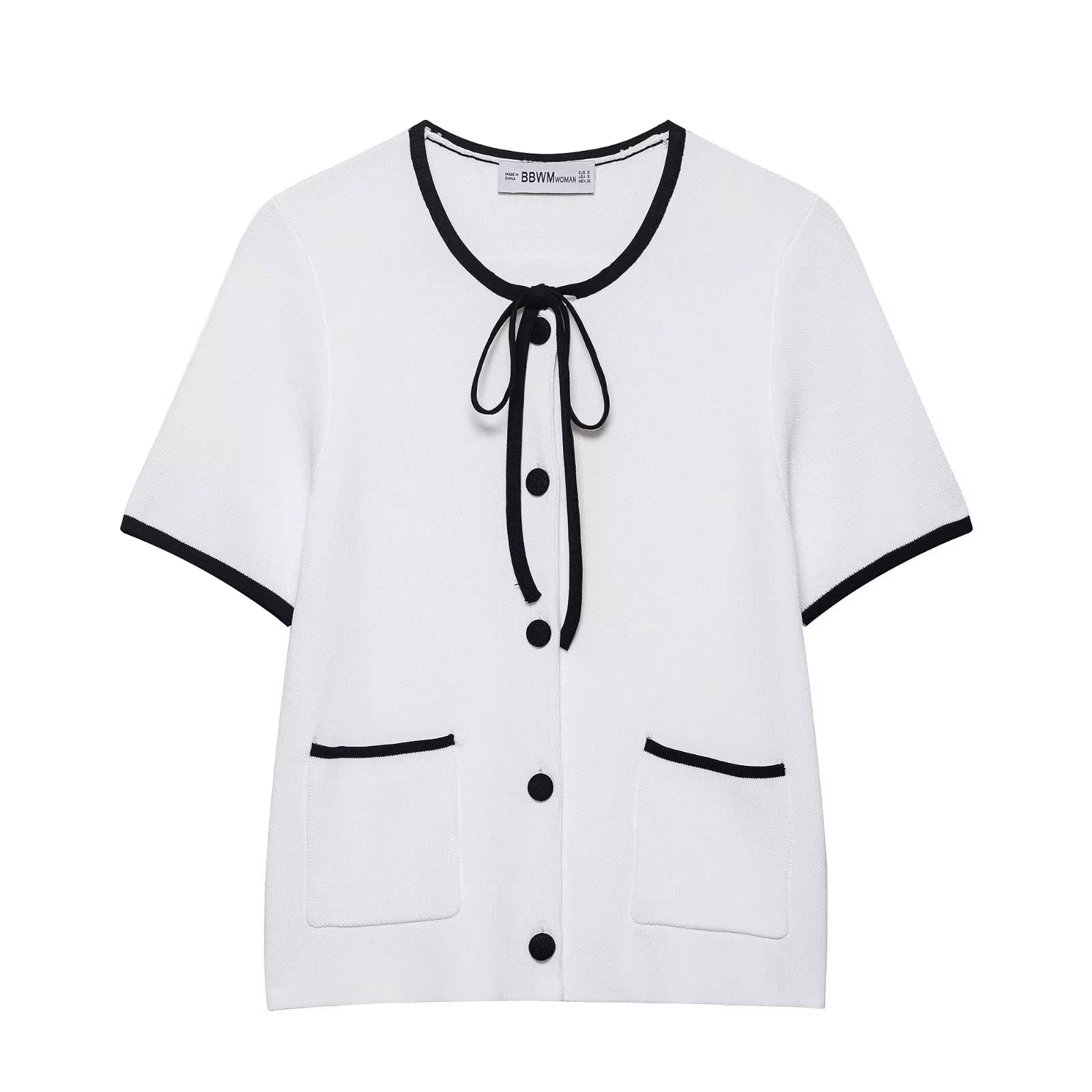 HH femmes mode pull hauts blanc col rond manches courtes poches nœud à lacets simple boutonnage femm