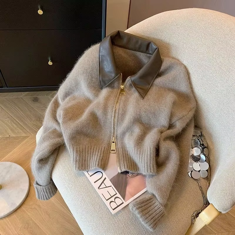 Patchwork fermeture éclair recadrée Chic Cardigan femmes épais automne tricoté pull Bomber veste Vin