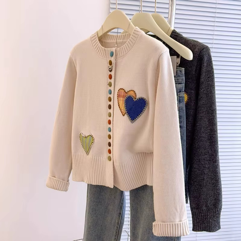 Pull Vintage pour femmes, broderie, cœur doux, Appliques, Cardigan tricoté, simple boutonnage, trico