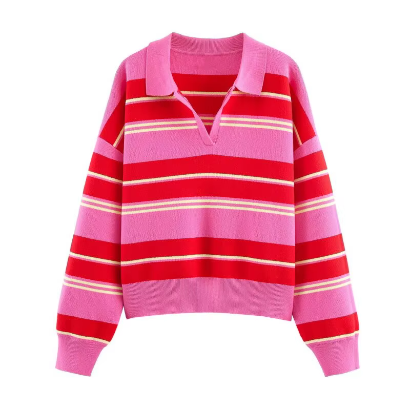 Pull en maille rayé rose et rouge 2026 - Haut ample à col rabattu et manches longues pour femme, ten