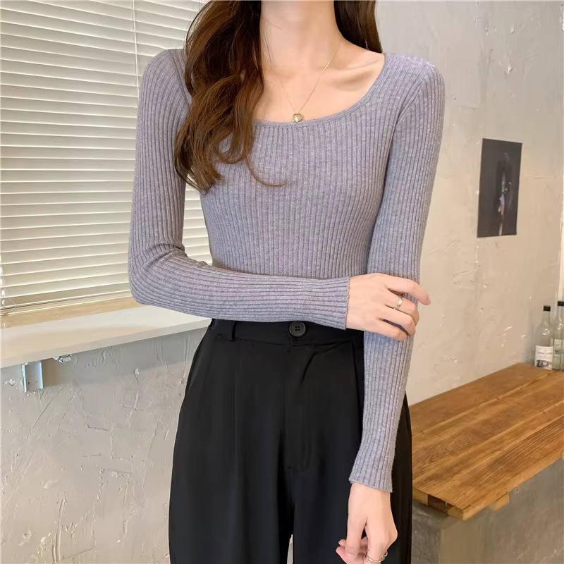 Femmes basique solide col carré pulls de haute qualité coupe ajustée décontracté tricoté pull automn