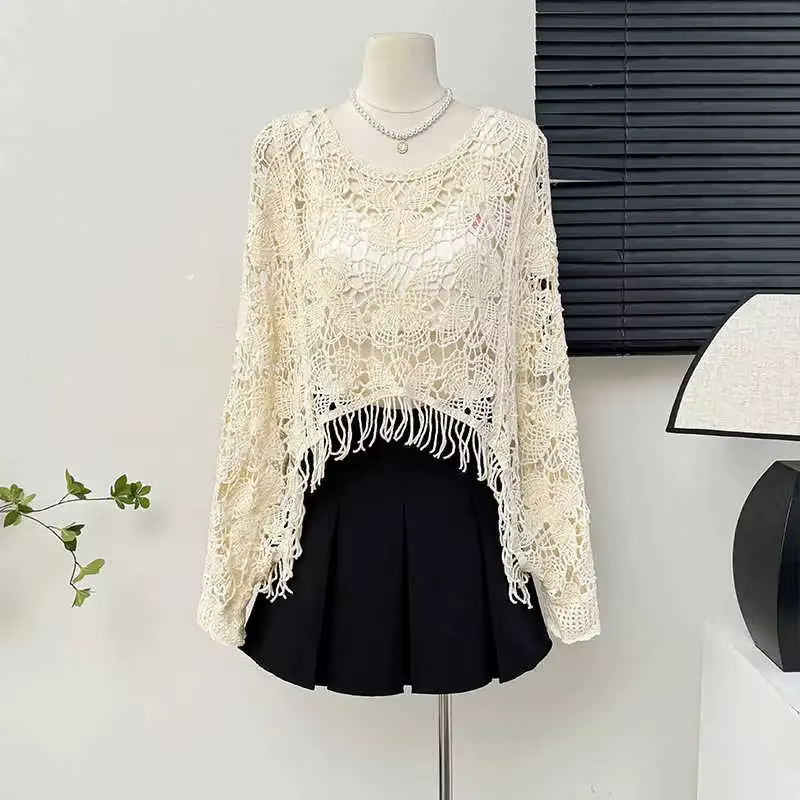 Poncho court en tricot à franges avec manches chauve-souris pour femmes, haut au crochet papillon, p