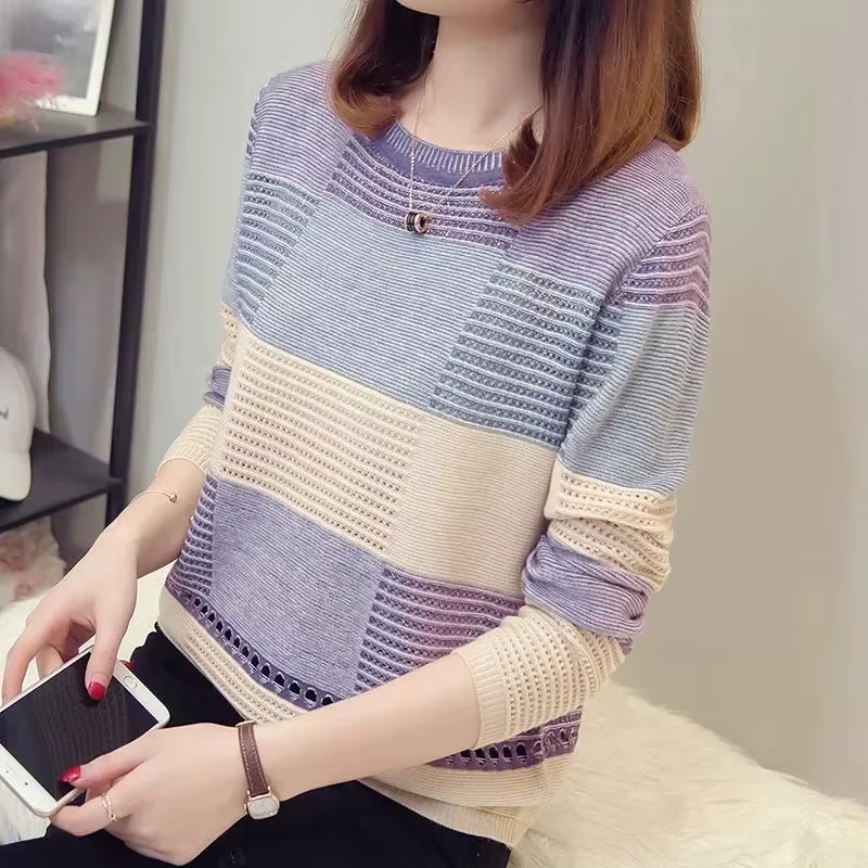 Pull fin ajouré pour femme, tricot, manteau d'automne, couleur coréenne assortie, rayures amples, ba