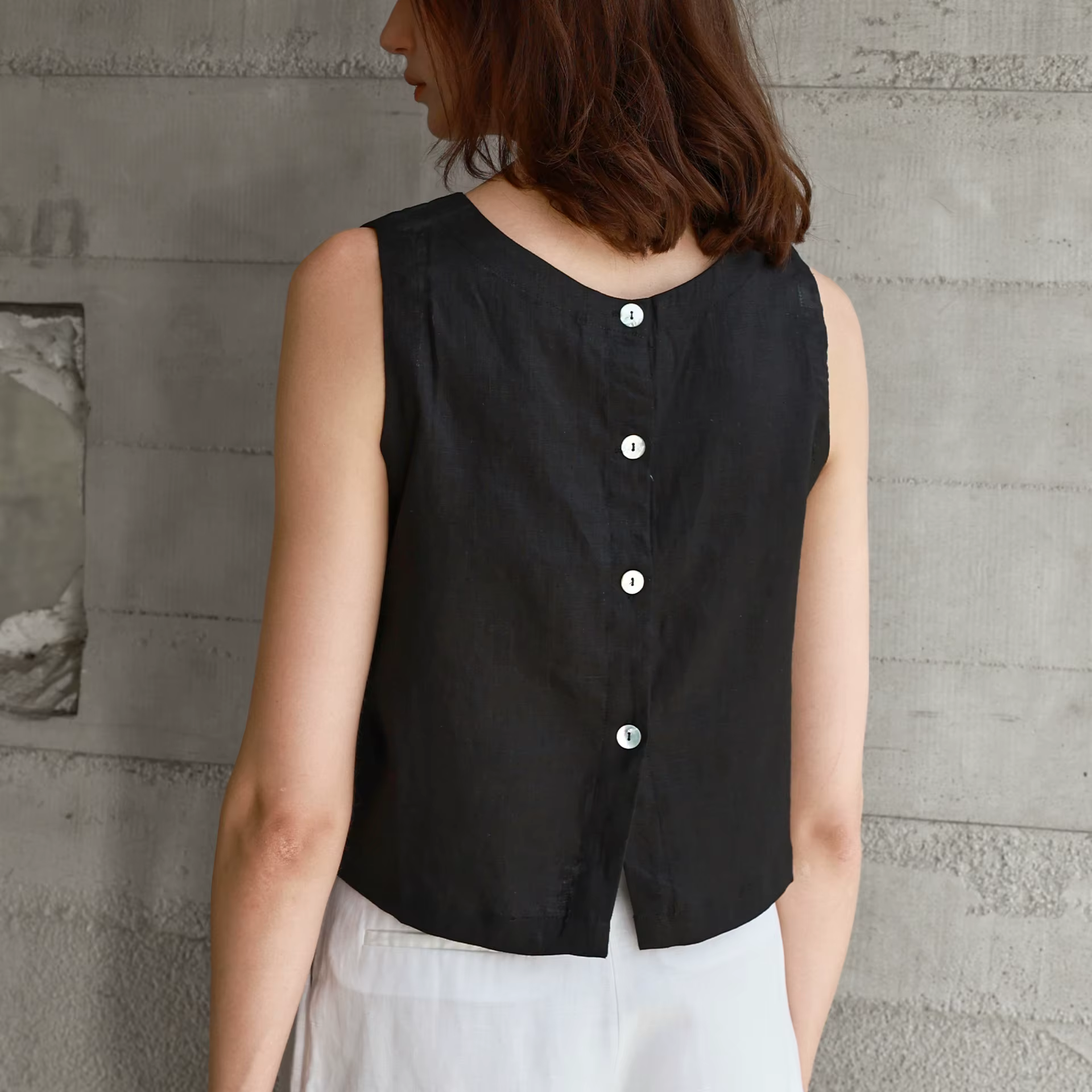 Gilet en lin premium, double face, coupe courte, style décontracté, sans manches, pour femme