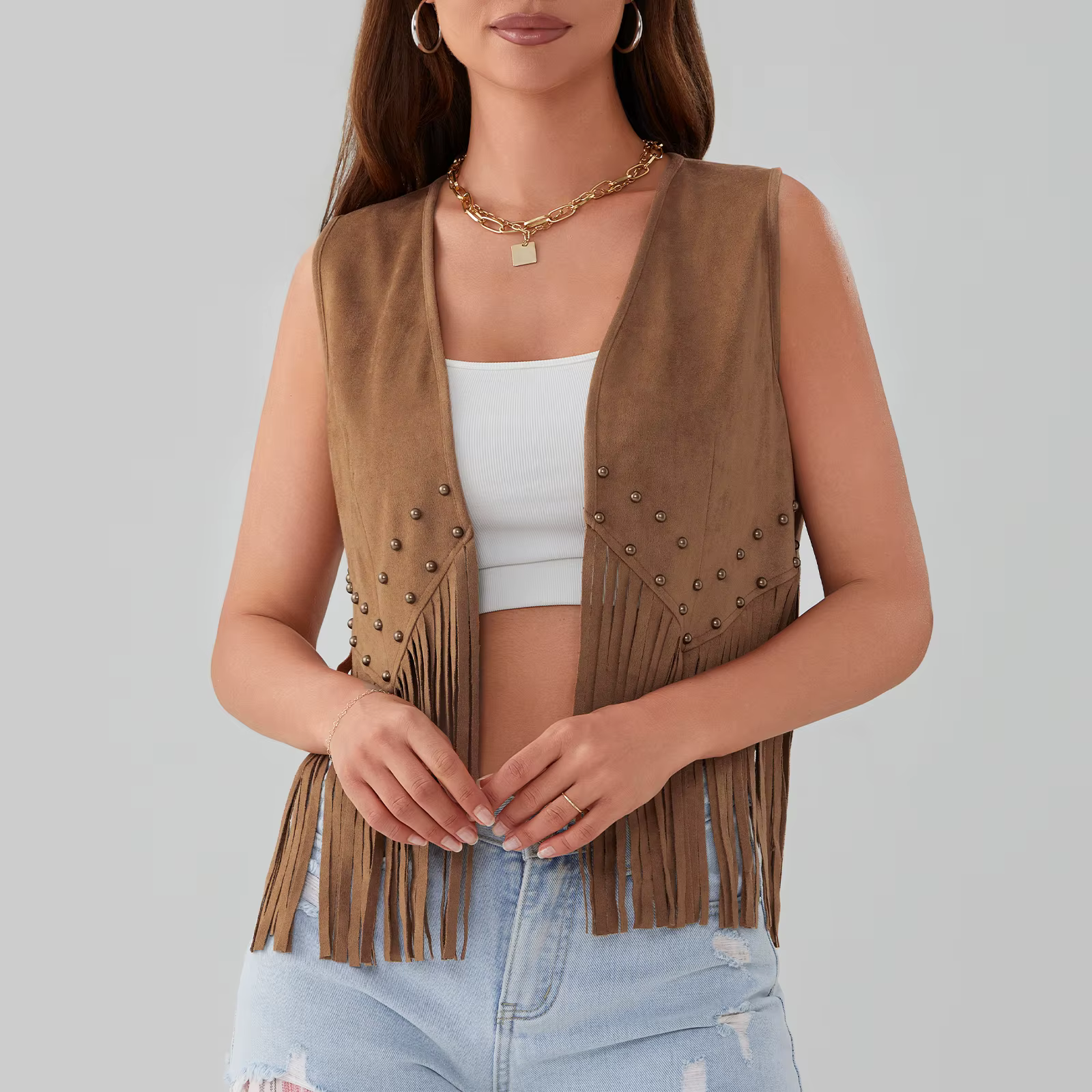 Gilet à franges pour femmes, ouvert sur le devant, rivets, pompons, Cardigan sans manches, Western C
