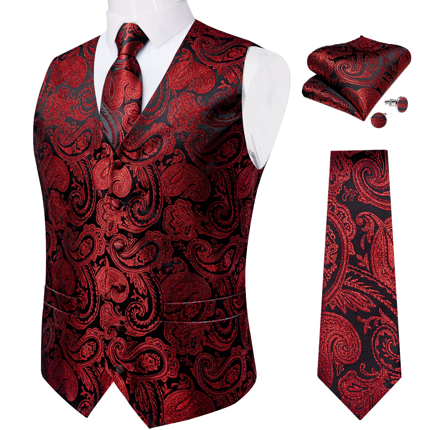 DiBanGu – costume Paisley en soie rouge pour hommes, gilet de luxe pour fête de mariage, cravate, bo