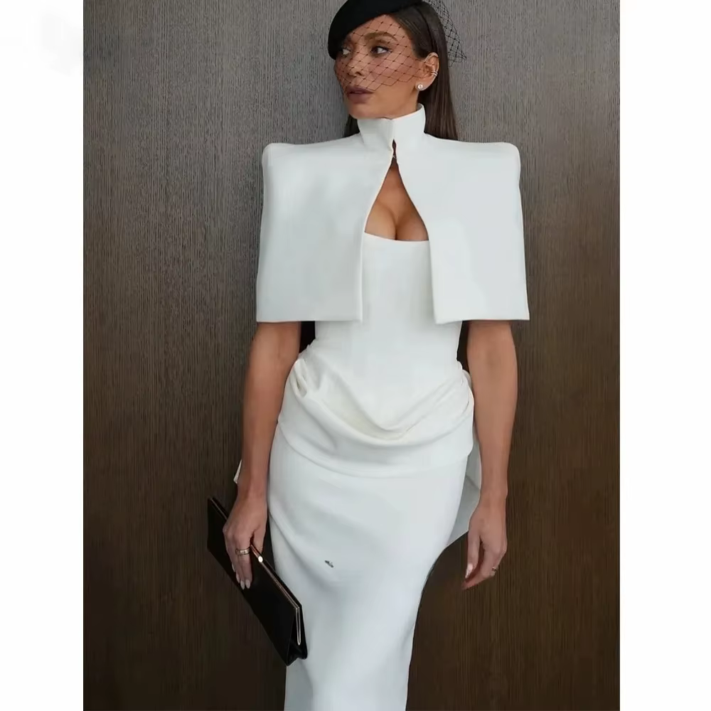 Robe de soirée vintage pour invitée de mariage avec cape, élégante robe de soirée blanche, robes de