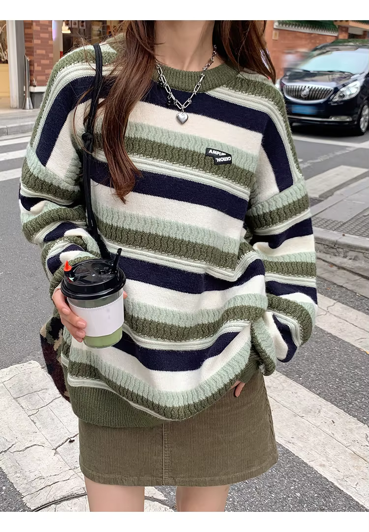 Pull tricoté à rayures vertes pour femme, ample, décontracté, basique, manches longues, col rond, no