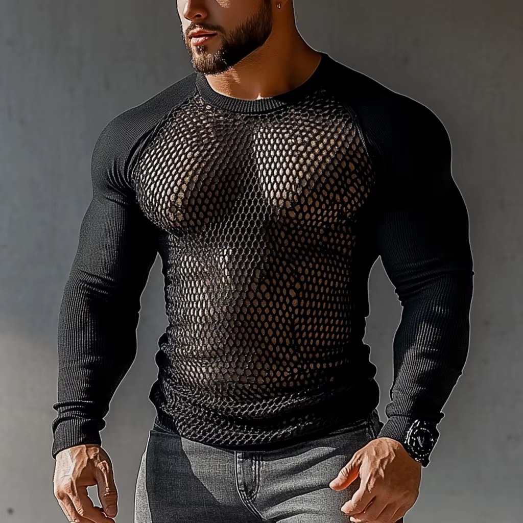 T-shirt noir à manches longues en maille pour hommes, tendance sexy, adapté à un usage quotidien et