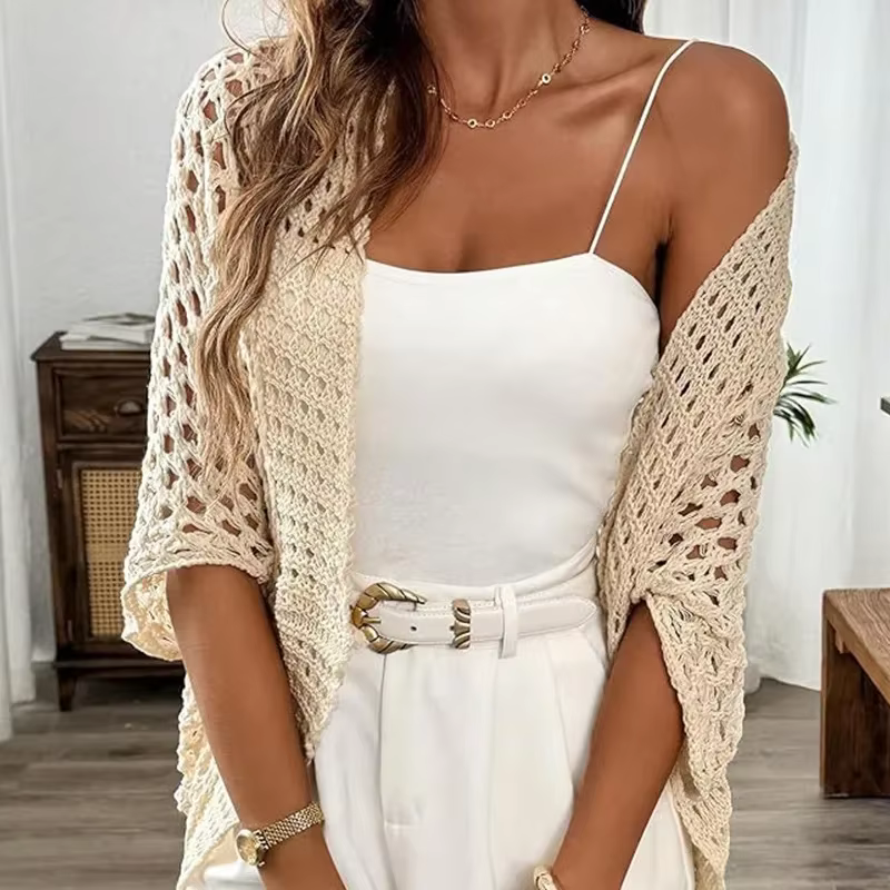 Gilet en maille ajouré pour femme, coupe ample, couleur unie, manches courtes, style châle