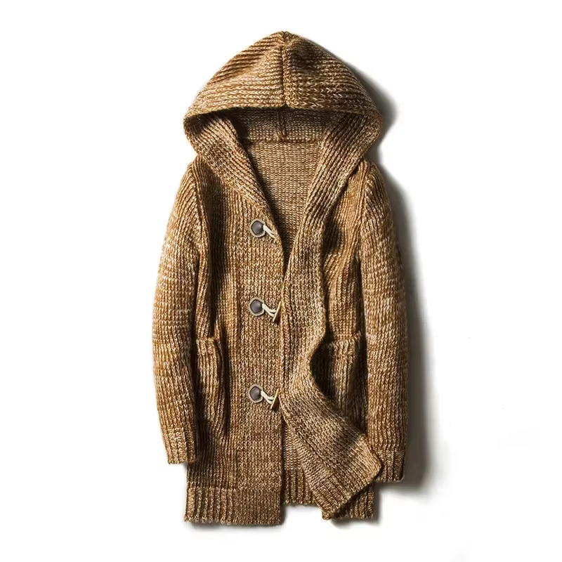 New2025 hommes hiver chaud chandails mode longue pull tricoté manteaux à capuche décontracté solide