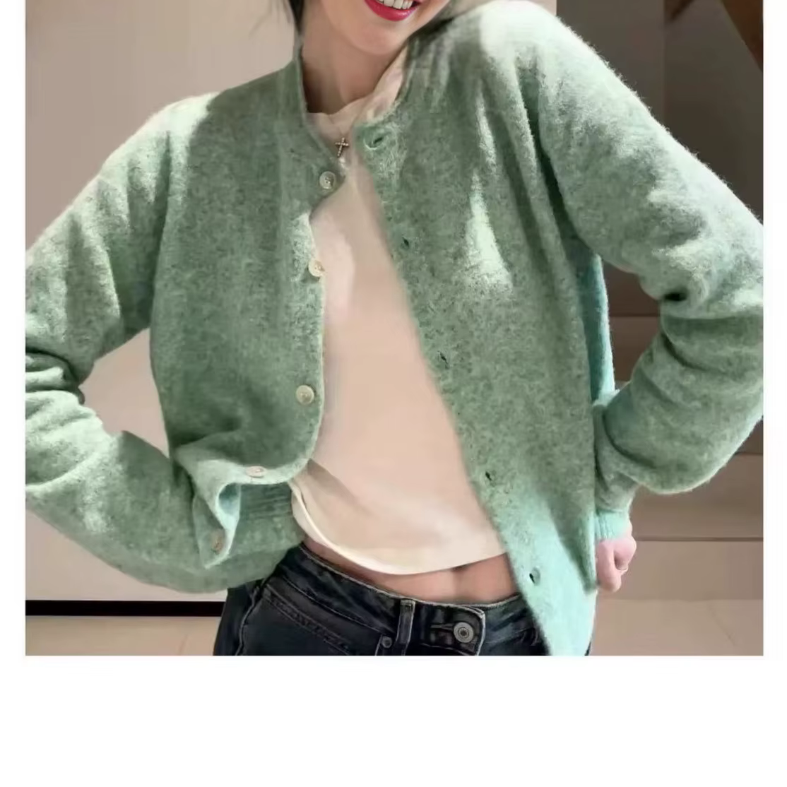 Tempérament: vert menthe bord roulé Cardigan pull veste femme printemps et automne haut début du pri
