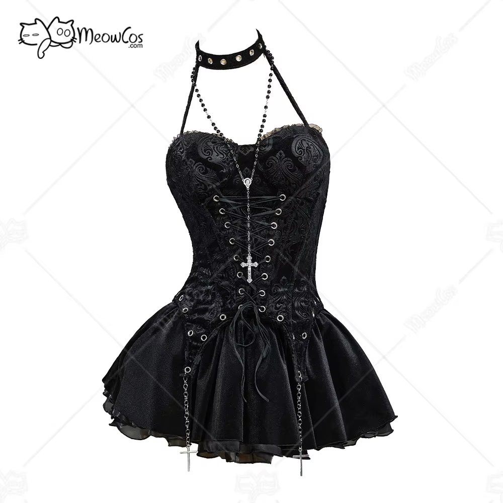MEOWCOS Ensemble jupe corset noire gothique Misa pour femme avec corset licou à lacets et jupe super