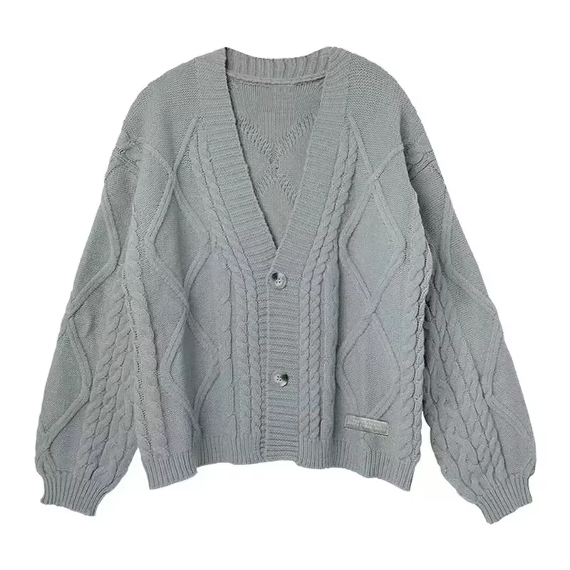 TTPD Cardigan femmes gris confortable gros câble tricot col en v boutonné pull veste automne hiver T
