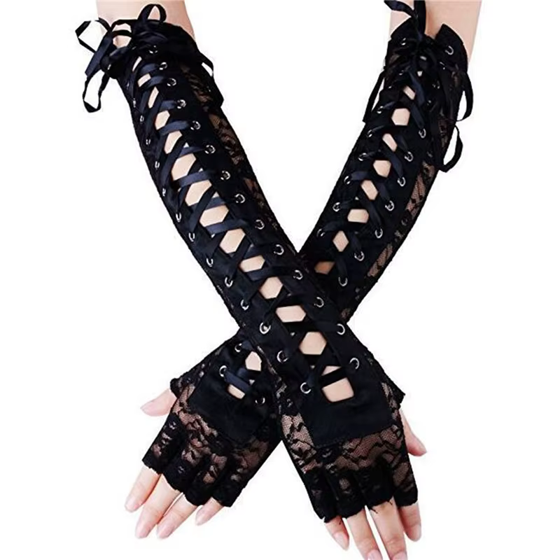 Mitaines en maille résille sans doigts pour femmes, dentelle florale sexy, longueur du coude, gants 