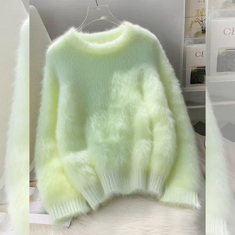 Vert en peluche porter pull tricoté femmes à manches longues mode chaud intérieur doux cireux pull d