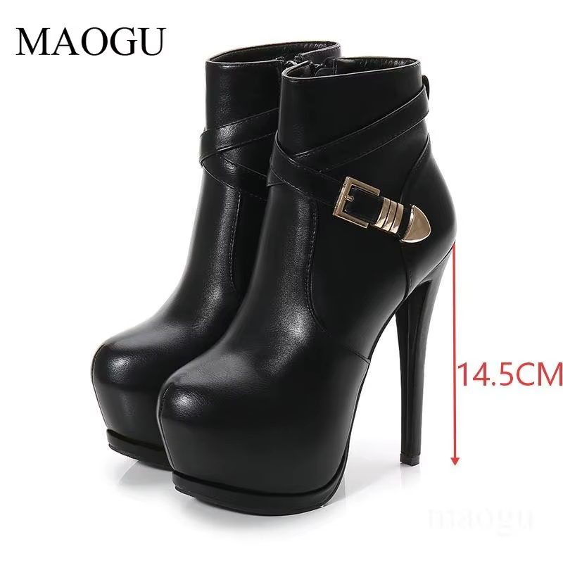Bottines à talons aiguilles noires pour femmes Bout rond Boucle à lanières Talons hauts Plateforme B