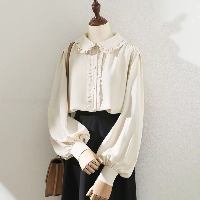 Chemisier Lolita Vintage à manches longues pour femmes, vêtement élégant, mignon, à volants, col Pet