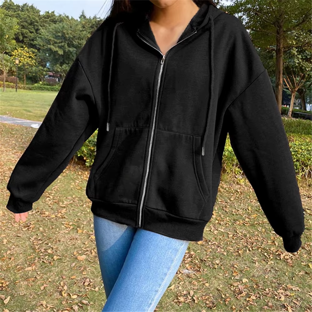 Sweat-shirt à capuche en peluche pour femmes, couleur unie, veste à manches longues, haut ample avec