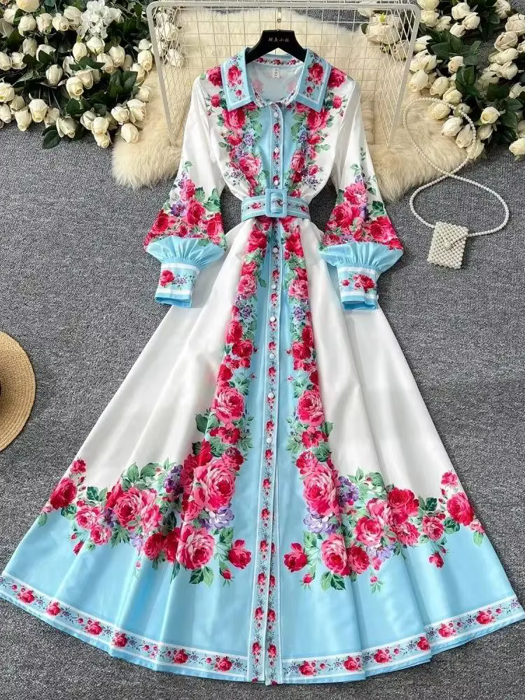 Robe maxi bohème à manches longues lanterne pour femmes, col chemise, ceinture, mode de piste, luxe,