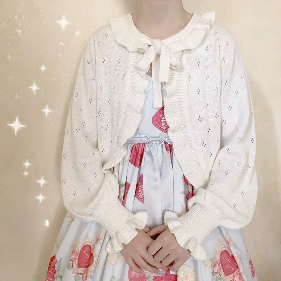 KOSAHISYELLO-Cardigan Lolita Japonais Kawaii pour Femme, Pull Vintage à Manches Lanternes, à Volants