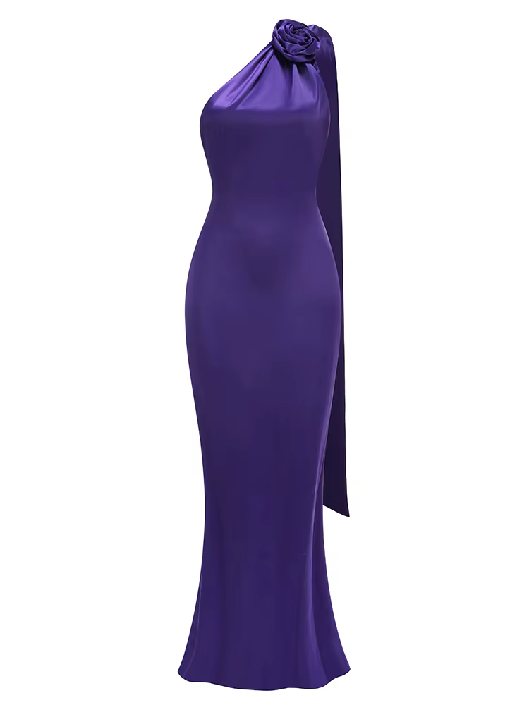Robe longue dos nu pour femmes, Sexy, col licou, Design floral 3D, violet, sans manches, ruban drapé