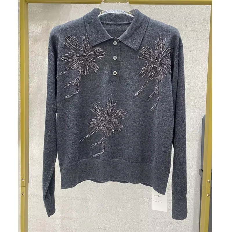 Nouveau Flocage broderie fleur paillettes doux 16 calibre laine tricot pull hauts pour les femmes