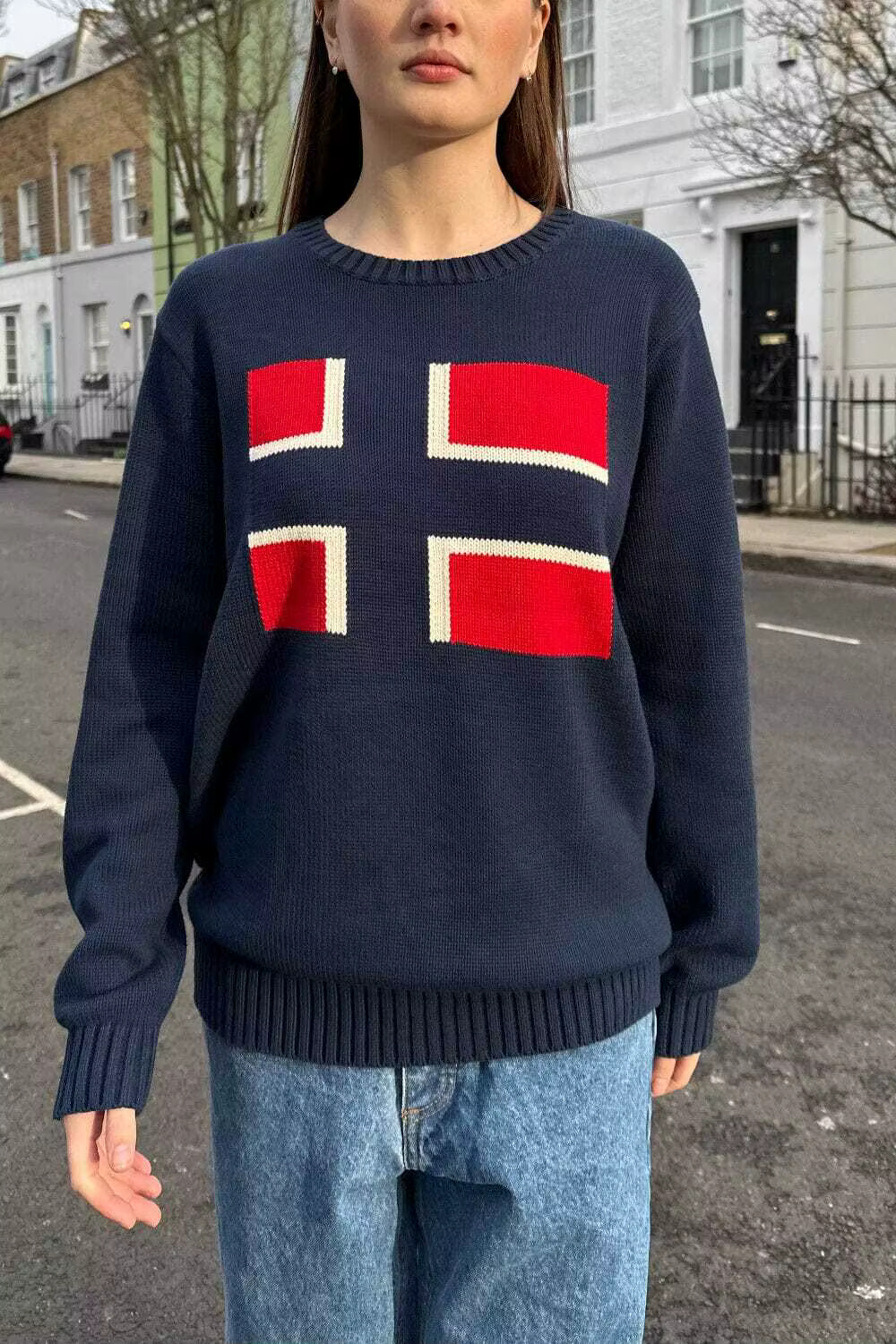 Lilexcying Pull en tricot pour femme, motif drapeau norvégien, manches longues, col rond, décontract